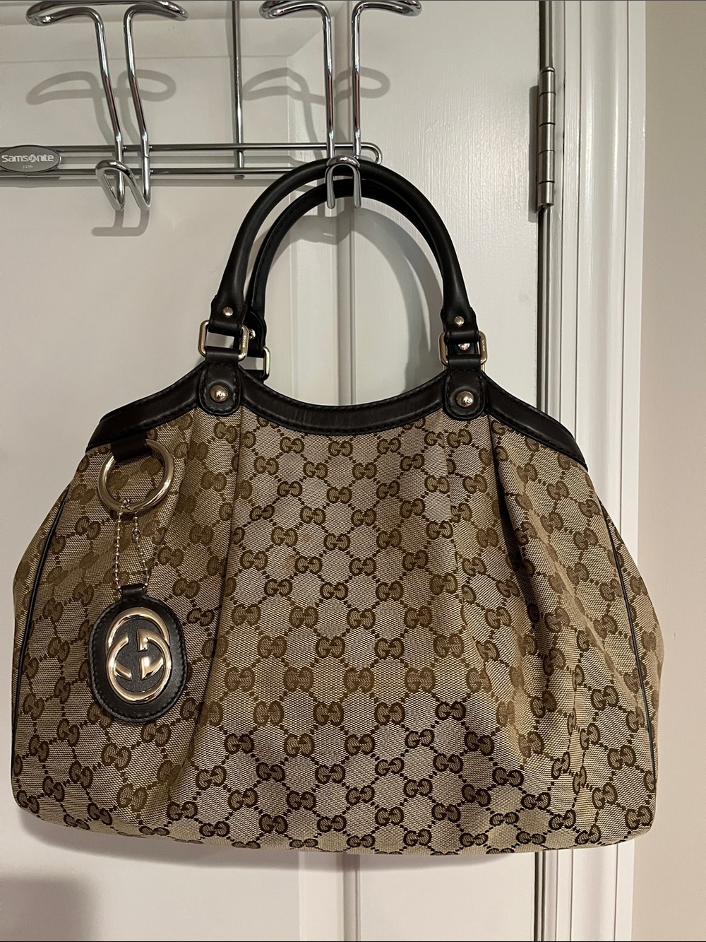 Gucci Medium Sukey Tote: Beige GG Canvas with Brown Leather Trim and Gold Accent